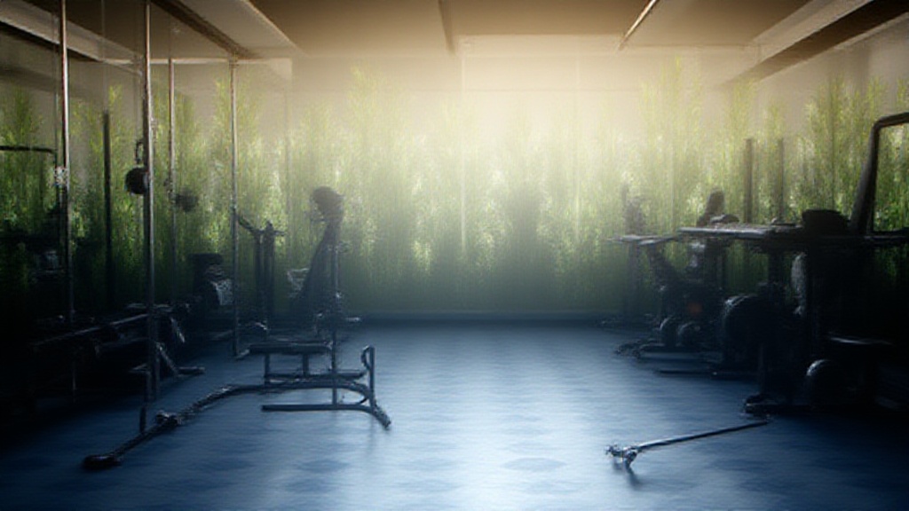 Gym equipment and weights organized in a modern fitness room with soft sunlight and green plants in the background.